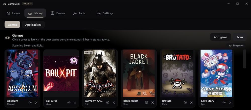 Ecrã do GameDeck com a biblioteca de jogos e a telemetria ao vivo