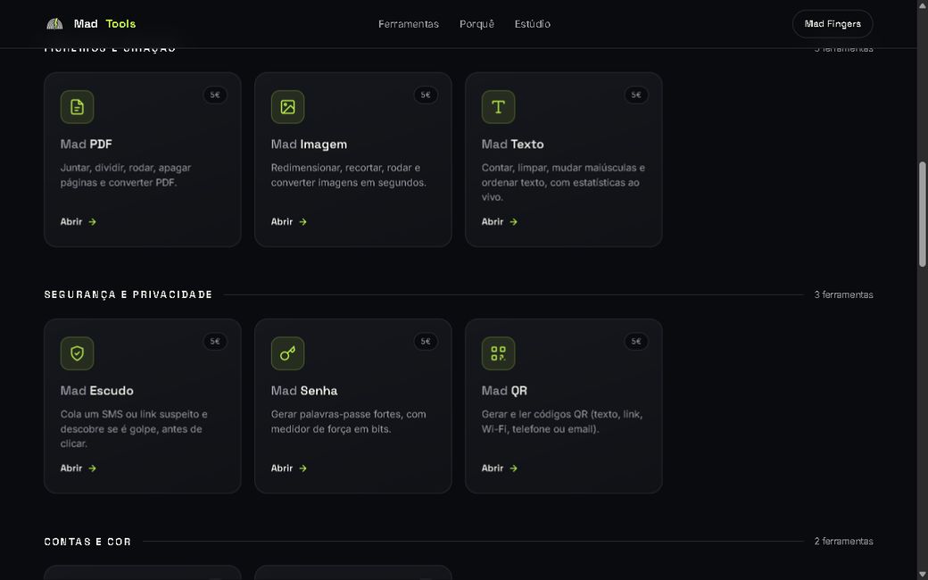 Grelha da Mad Tools com os utilitários PDF, Imagem, Texto, Escudo, Senha e QR