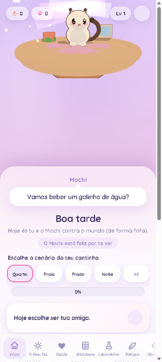 Ecrã do Mochi com o check-in diário e o registo de humor