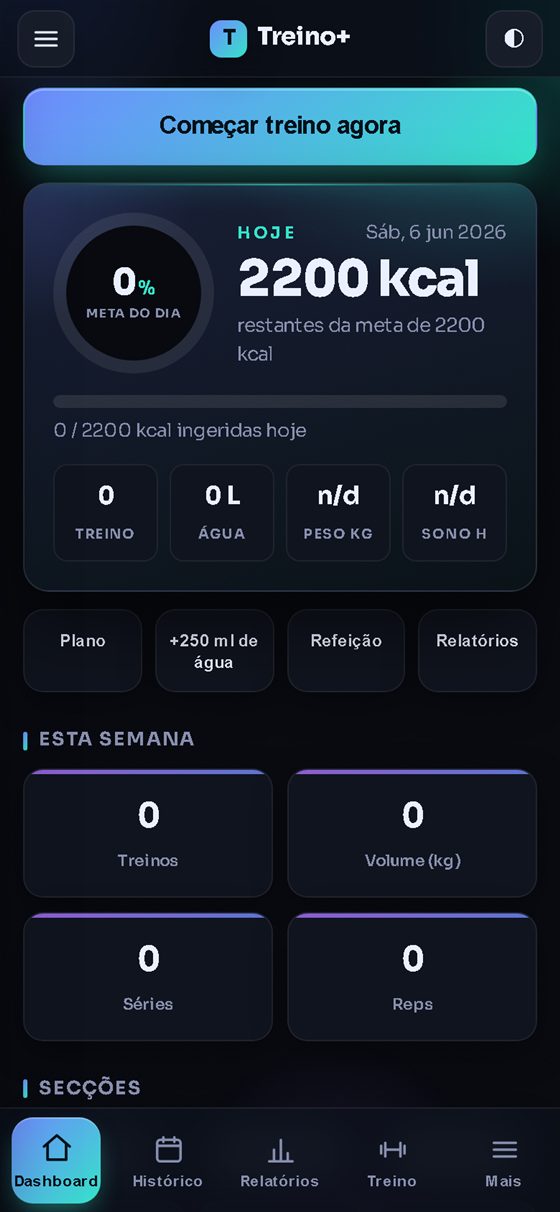 Ecrã do Treino+ com o registo de treino e os relatórios de progresso